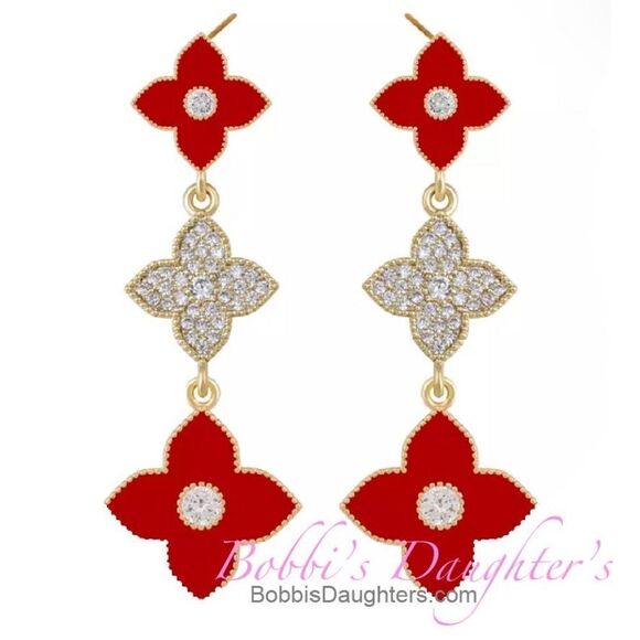 💎243💎 14k Gold Red Four-Leaf Clover Diamond Earrings Long - Picture 1 of 6